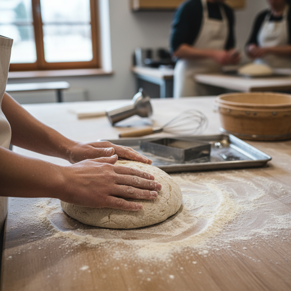 Manos trabajando masa de pan en un taller