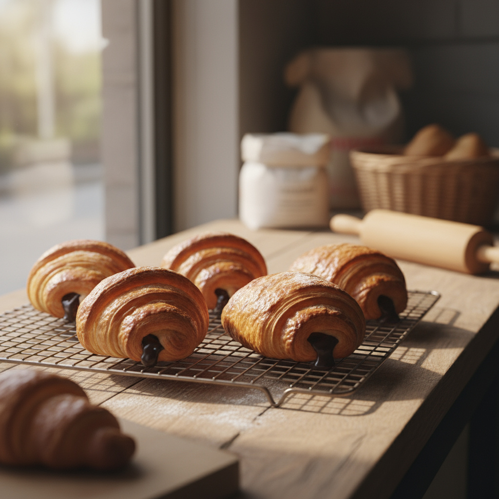 Croissants y piezas laminadas sobre rejilla de enfriado